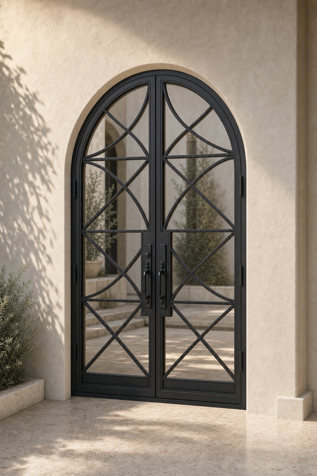 Custom arched iron double entry door with fan-radiating curves in the upper arch, cross-brace mid panel and X-cross lower panel, matte black, on cream plaster wall with limestone stoop
