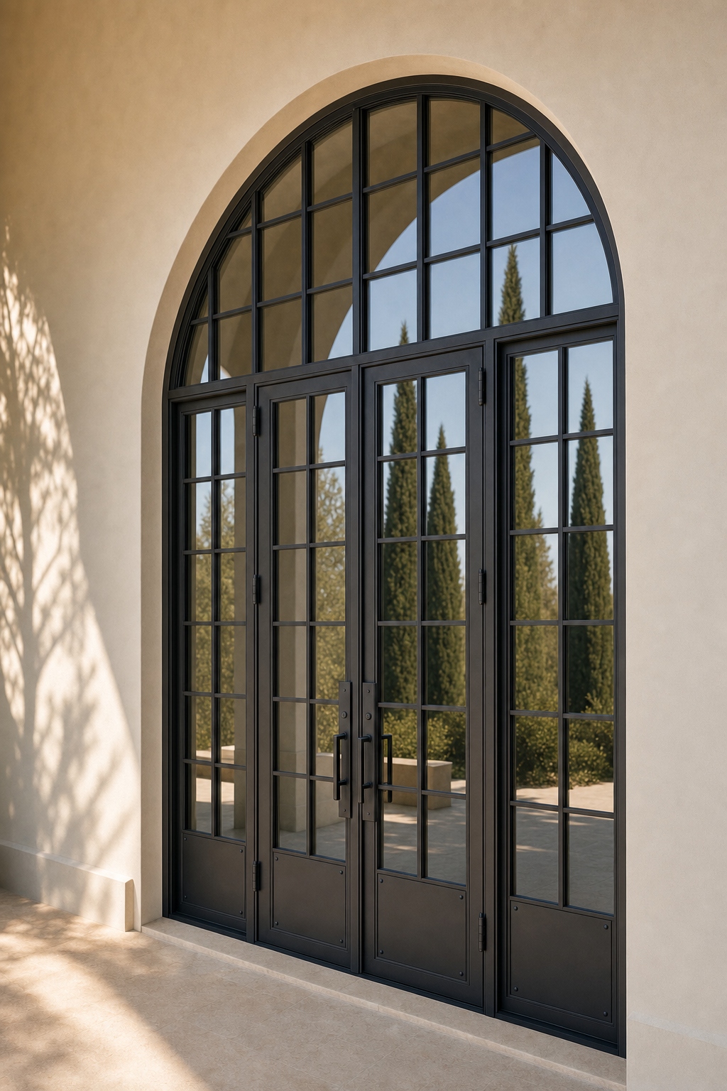 Custom grand arched iron entry system with double doors, two full-height sidelites, and arched transom, matte black, on taupe plaster wall