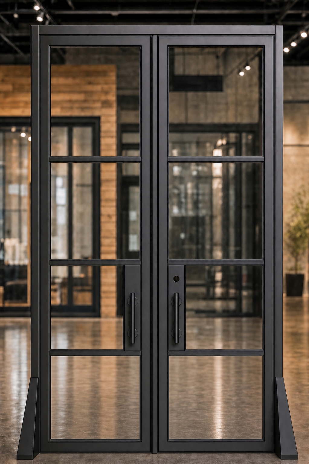 Flat-top full-glass double iron entry door, square top, matte black