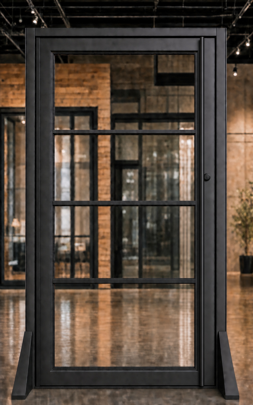 Custom pivot iron entry door, matte black, four lite